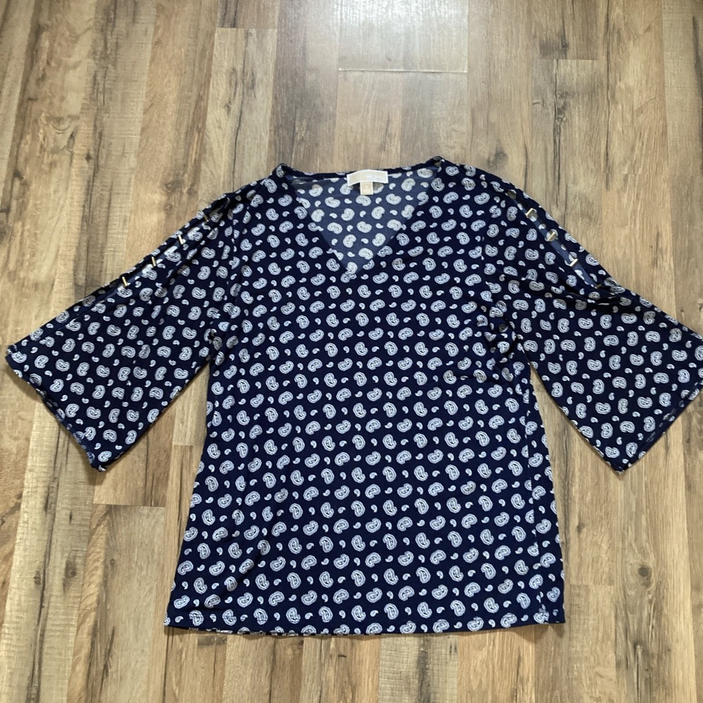 Michael Kors Blue Paisley Top Blouse Medium Bell Sleeve Stretch Peasant Cottage